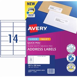 Avery Quick Peel Address Laser & Inkjet Label L7163 99.1x38.1 White 10 Sheets 14UP