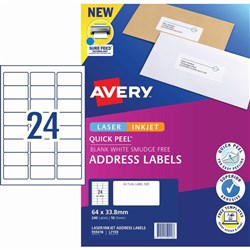 Avery Quick Peel Address Laser & Inkjet Labels L7159 64x33.8 White 10 Sheets, 24UP