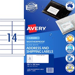 Avery Weatherproof Shipping Laser Labels L7073 99.1x38.1mm White 10 Sheets 14UP