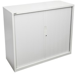 Go Steel Tambour Door Storage Cupboard Includes 2 Shelves 1016H x 1200W x 473mmD White