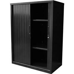 Go Steel Tambour Door Storage Cupboard Includes 2 Shelves 1016H x 1200W x 473mmD Black