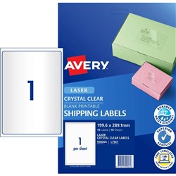 Avery Crystal Clear Laser Address Label 1UP 199.6x289.1m 10 Sheets