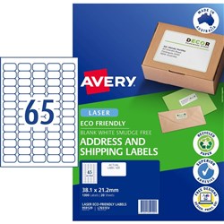 Avery Eco Friendly Labels 1300 Labels Laser Printer White 38.1 x 21.2 mm 65UP