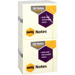 Marbig Repositionable Sticky Notes 75x75mm Yellow 100 Sheets Pack Of 12