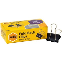 Marbig Fold back Clips 25mm, box of 12 foldback bulldog