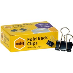 Marbig Fold back Clips 19mm, box of 12 foldback bulldog