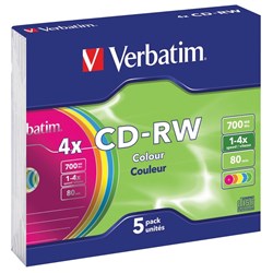 Verbatim Recordable CD-RW 80Min 700MB 2-4X Slim Case Assorted Colours Pack of 5