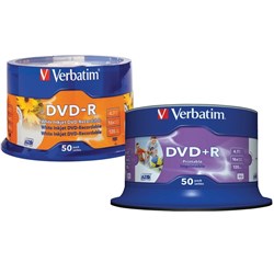 Verbatim Recordable DVD-R 120Min 4.7GB 16X Printable Inkjet Pack of 50 White