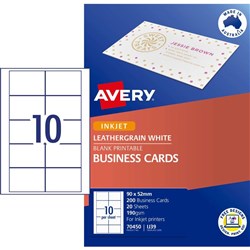 Avery Business Cards Inkjet 10UP Labels IJ39 90x52mm Matt White 200 Cards 20 Sheets