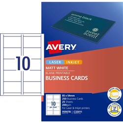 Avery Business Cards Laser Inkjet Labels C32011 Matte White 250 Cards, 25 Sheets