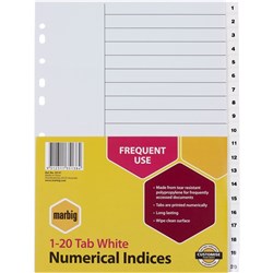 Marbig Plastic Divider A4 Indices 1-20 White