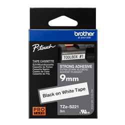 Brother TZES221 P-Touch Tape 9mm x 8m Black on White Strong Adhesive