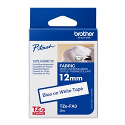 Brother TZE-FA3 P-Touch Tape 12mmx3m Blue on White Fabric