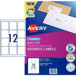 Avery Address Laser Labels 12UP L7164 63.5 x 72mm White 100 Sheets