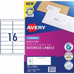 Avery Address Laser Labels 16UP L7162 99.1 x 34.2mm White 100 Sheets
