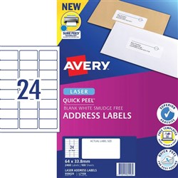 Avery Address Laser Labels 24UP L7159 64 x 33.8mm White 100 Sheets