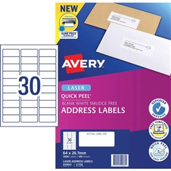 Avery Address Laser Labels 30UP L7158 64 x 26.7mm White 100 Sheets