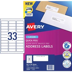 Avery Address Laser Labels 33UP L7157 64 x 24.3mm White 100 Sheets
