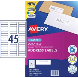 Avery Address Laser Labels 45UP L7156 58 x 17.8mm White 100 Sheets