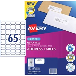Avery Address Laser Labels 65UP L7651 38.1 x 21.2mm White 100 Sheets