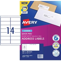 Avery Quick Peel Address Laser Labels 14UP L7163 99.1x38.1 White, 20 Sheets