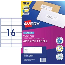 Avery Quick Peel Address Laser Labels 16UP L7162 99.1 x 34mm White, 20 Sheets