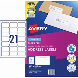 Avery Quick Peel Address Laser Labels 21UP L7160 63.5 x 38.1 White, 20 Sheets