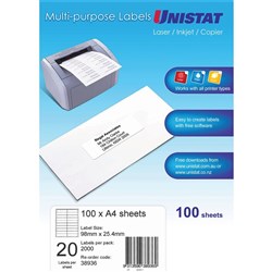 Unistat Laser Copier & Inkjet Labels 98x25.4mm White 20UP 100 sheets 38936
