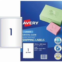 Avery Quick Peel Address Laser Label L7567 199.6x289.1 Clear 1UP 25 Sheets