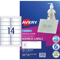 Avery Quick Peel Address Laser Labels L7563 99.1x38mm Crystal Clear 14UP 25 Sheets