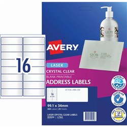 Avery Quick Peel Address Laser Labels L7562 99.1x33.9 Crystal Clear 16UP 25 Sheets