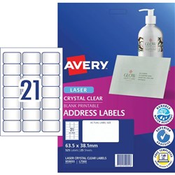 Avery Quick Peel Address Laser Labels L7560 63.5x38.1 Crystal Clear 21UP 25 Sheets