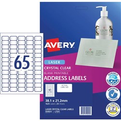 Avery Quick Peel Address Laser Labels L7560 38.1x21.2 Crystal Clear 65UP 25 Sheets