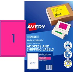 Avery High Visibility Shipping Laser Labels L7167FP 199.6x289 Pink 1UP 25 Sheets