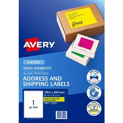 Avery High Visibility Shipping Laser Labels L7167FY 199.6x289 Yellow 1UP 25 Sheets