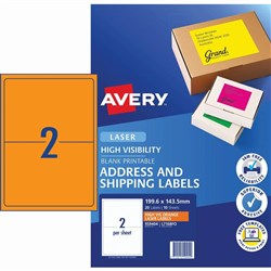 Avery High Visibility Shipping Laser Labels L7168FO 199.6x 143.5 Orange 2UP 10 Sheet