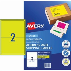Avery High Visibility Shipping Laser Labels L7168FY 199.6x 143.5 Yellow 2UP 10 Sheet