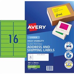 Avery High Visibility Shipping Laser Label L7162FG 199.1x34mm Fluro Green 16UP 25 Sheet