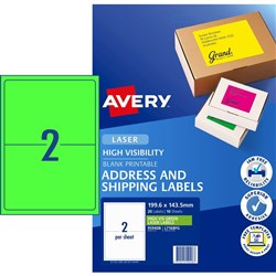 Avery High Visibility Shipping Laser Labels L7168FG 199.6x 143.5 Green 2UP 10 Sheets