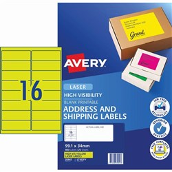 Avery High Visibility Shipping Laser Labels L7162FY 99.1x34mm Fluro Yellow 16UP 25Sheet