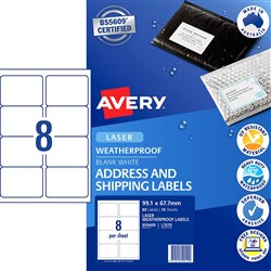 Avery Weatherproof Shipping Laser Labels L70707 99.1x67mm White 8UP 10 Sheets