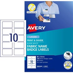 Avery Fabric Print & Divide Name Badge Laser Labels L7427 88x52mm 10UP 15 Sheets