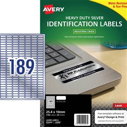 Avery Heavy Duty Laser Labels 189UP L6008 25.4x10 mm Silver asset tags, 20 Sheets