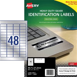 Avery Heavy Duty Laser Labels 48UP L6009 45.7x21mm Silver asset tags, 20 Sheets