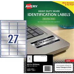 Avery Heavy Duty Laser Labels 27UP L6011 63.5x30mm Silver Asset tags, 20 Sheets