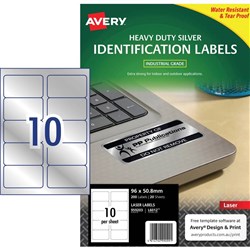 Avery Heavy Duty Laser Labels 10UP L6012 96x50.8mm Silver Asset tags, 20 Sheets