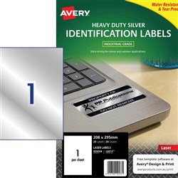 Avery Heavy Duty Laser Labels 1UP L6013 210x298mm Silver Asset tags, 20 Sheets