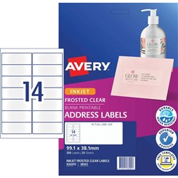 Avery Quick Peel Address Laser Inkjet Labels J8563 99.1x38.1 Clear 14UP 25 Sheets
