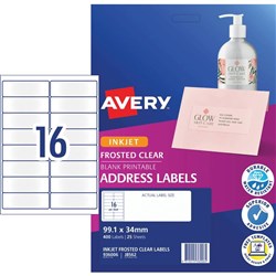 Avery Quick Peel Address Laser Inkjet Labels J8562 99.1x24mm Frosted Clear 16UP 25Sheet