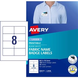 Avery Fabric Name Badge Laser Labels L7418 86.5 x 55.5mm 8UP 15 Sheets